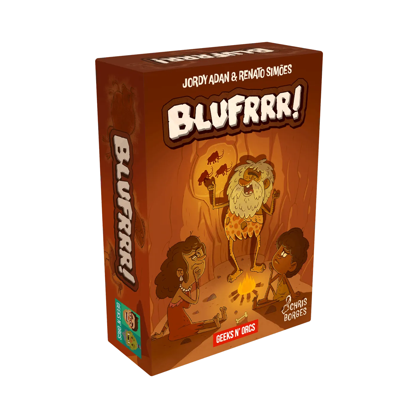 Caixa do jogo Blufrrr!, com um homem das cavernas